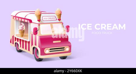 Camion de crème glacée. Icecream réaliste 3d voiture van magasin de conduite, bonbons d'été congelés bonbons véhicule de restauration rapide dans le bus mignon de café de machine de californie, rendre l'illustration vectorielle exacte illustration originale Illustration de Vecteur
