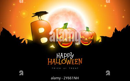 Happy Halloween illustration vectorielle avec des citrouilles à visage effrayant, lettrage de typographie Crow et Boo sur fond orange, lune. Design de vacances pour bannière Illustration de Vecteur