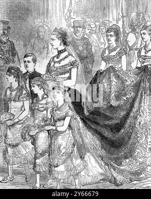 Le mariage de son Altesse Royale le duc de Connaught avec son Altesse Royale la princesse Louise Margaret de Prusse. 13 mars 1879 la princesse de Galles et ses filles au mariage royal dans la chapelle Saint-Georges, château de Windsor. Banque D'Images