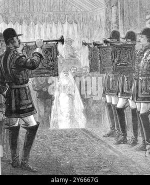 Le mariage de son Altesse Royale le duc de Connaught avec son Altesse Royale la princesse Louise Margaret de Prusse. 13 mars 1879 trompettistes d'Etat annonçant l'approche de la mariée. Chapelle Saint-Georges, château de Windsor. Banque D'Images