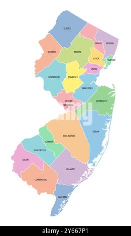 New Jersey, état américain, subdivisé en 21 comtés, carte politique multicolore avec la capitale Trenton, les frontières et les noms de comté. Banque D'Images