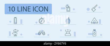 Icône du kit de camping. Briquet, hache, bouteille d'eau, boussole, radio, jumelles, tente, panneau indicateur, sifflet, pose de victoire, équipement de plein air, outils de camping, adv Illustration de Vecteur