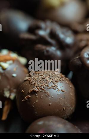 Gros plan de quelques truffes au chocolat recouvertes de noix y chocolat Banque D'Images