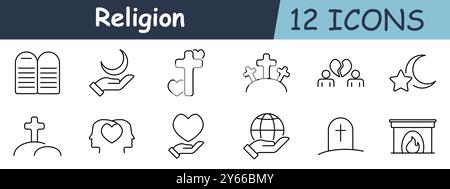 Icône religion définie. Tablettes de pierre, main avec croissant, croix avec coeur, cimetière, coeur brisé, personne, étoile et croissant, croix sur la colline, visage avec lui Illustration de Vecteur