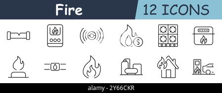 Icône de set de tir. Tuyau, brûleur à gaz, détecteur de fumée, feu avec pièce de monnaie, poêle, flamme, réservoir de carburant, maison, camion de pompier, connexion de gaz, avertissement de flamme, éteindre Illustration de Vecteur