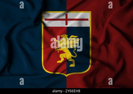 Pringsewu, Lampung 24 septembre 2024 ; texture du logo du drapeau Selective Focus du fond de Genoa FC. Drapeau du club de football italien Serie A. Illustration 3D. Banque D'Images