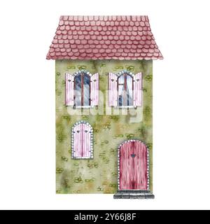 Une vieille maison, une fabuleuse, mignonne, maison verte de deux étages avec un toit en tuiles, dans un style vintage. L'illustration aquarelle est faite à la main. Isolez-le. Banque D'Images