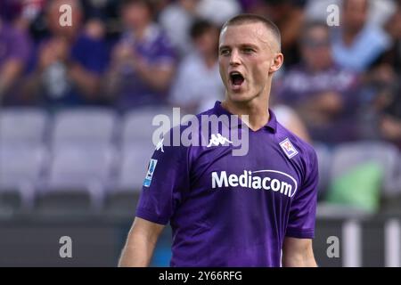 Albert Gudmundsson, l'attaquant de l'ACF Fiorentina, réagit lors du match de l'ACF Fiorentina vs SS Lazio, match de football italien Serie A à Florence, en Italie, le 22 septembre 2024 Banque D'Images