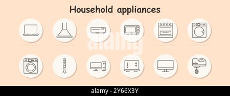 Icône de réglage des appareils ménagers. Micro-ondes, cuisinière, four, lave-linge, extracteur d'air, moniteur d'ordinateur, mélangeur, appareils de cuisine, appareils électroniques domestiques, c Illustration de Vecteur