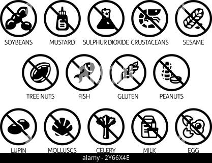 Aliments sans allergènes étiquettes d'icônes d'allergie majeure Illustration de Vecteur