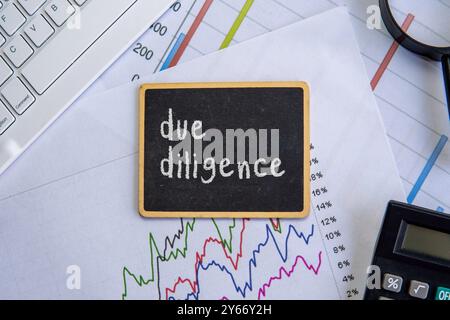 Tableau noir avec «due diligence» écrit à la craie, placé sur des papiers avec des graphiques linéaires colorés, une loupe, une calculatrice et un clavier dans le backgr Banque D'Images