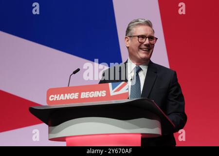 Liverpool, Royaume-Uni. 24 septembre 2024. Le premier ministre britannique Keir Starmer prononce son discours à la Conférence du Parti travailliste 2024 à Liverpool le mardi 24 septembre 2024. Photo de Hugo Philpott/UPI crédit : UPI/Alamy Live News Banque D'Images