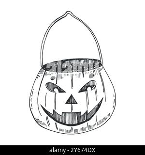 Halloween, illustration de vacances. Citrouilles avec visage effrayant découpé, panier pour bonbons avec poignée en forme de citrouille, dessiné à la main avec doublure noire. Pour prin Illustration de Vecteur