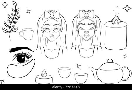 Démaquillage et icônes de soins de la peau. Style de contour simple. Visage, beauté, santé, femme, sain, masque, propre, fille, concept de nettoyage. Illustration de Vecteur