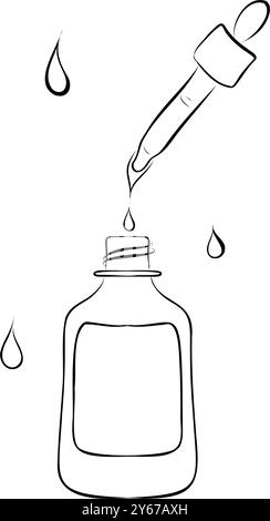 Compte-gouttes et bouteille avec sérum ou huile, ligne. Produit cosmétique en flacon avec pipette. Vectorisation simple. Illustration de Vecteur