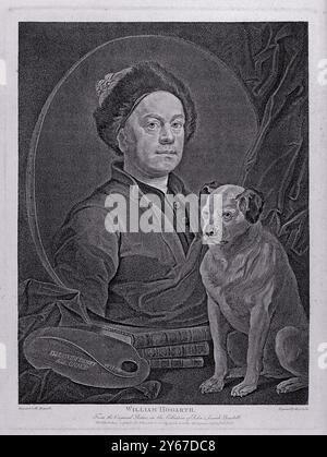 Autoportrait de W. Hogarth dans une casquette Montero, avec son chien Trump. Gravure en pointillés par B. Smith d'après W. Hogarth. William Hogarth FRSA était un peintre anglais, graveur, satiriste pictural, critique social, dessinateur éditorial et écrivain occasionnel sur les œuvres de tous Hogarth, William, 1697-1764. Date : 1er juin 1795 Banque D'Images