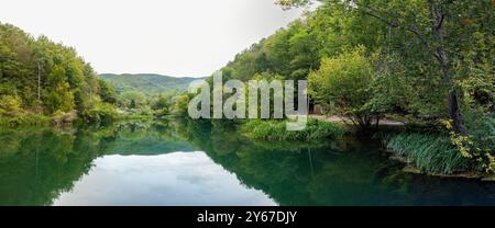 Une vue panoramique sur le lac entouré de forêt à la source de la rivière Grza Banque D'Images