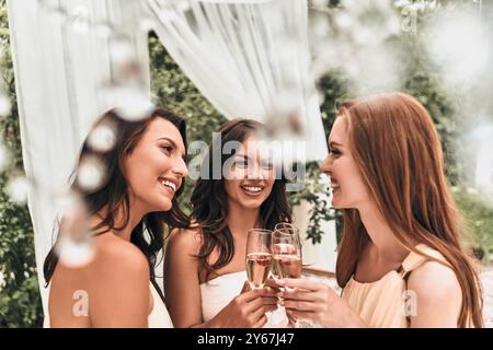 Célébrant sa journée spéciale ensemble. Attrayant jeune mariée toast avec champagne avec ses belles demoiselles d'honneur tout en se tenant dehors ensemble Banque D'Images