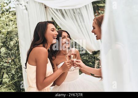 Simplement heureux. Attrayante jeune mariée toast avec champagne et parler avec ses belles demoiselles d'honneur tout en se tenant dehors ensemble Banque D'Images