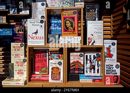 Sélection de livres exposés dans la vitrine de Waterstones Bookshop sur Princes Street, Édimbourg, Écosse, Royaume-Uni. Banque D'Images