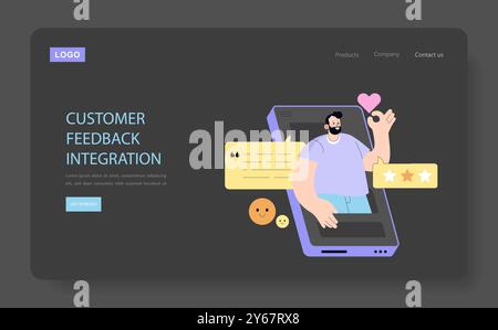 Concept d'intégration des commentaires clients. Un utilisateur satisfait évalue une plate-forme en ligne, illustrant les indicateurs de l'expérience utilisateur. Évaluation de service attrayante. Illustration vectorielle. Illustration de Vecteur