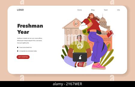 Concept d'année de première année. Deux étudiants s'engagent dans la vie du campus dans un contexte éducatif. Les jeunes acceptent les défis académiques. Illustration vectorielle. Illustration de Vecteur