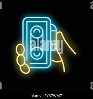 Illustration de signe de néon d'une main tenant une bande vhs, bleu et jaune brillant sur un fond noir Illustration de Vecteur