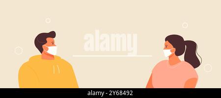 Homme et femme en masques de protection gardant la distance sociale. Matrice de vecteur de coronavirus D'arrêt de prévention Illustration de Vecteur