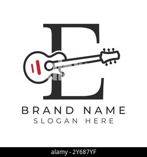 Lettre initiale E icône de guitare avec style Line Art pour corde. Alphabet E avec logo d'instrument musical Illustration de Vecteur