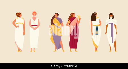 Groupe de femmes grecques, romaines et égyptiennes antiques en costumes historiques. Caractères vectoriels Illustration de Vecteur