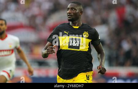 Stuttgart , Allemagne. 22 septembre 2024.Serhou Guirassy du Borussia Dortmund est vu lors de leur match de football allemand Bundesliga contre le VfB Stuttgart Banque D'Images