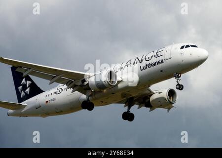 Lufthansa (livrée Star Alliance), Airbus A320 approche atterrissage approche pour les approches en vol volant, avion avion avion avion Jetliner Banque D'Images