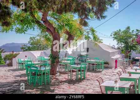 Café en plein air sur la place de Hora, la capitale de l'île d'Amorgos, dans les Cyclades, en Grèce. Maisons et tables blanchies à la chaux sous l'ombre de l'arbre. Banque D'Images