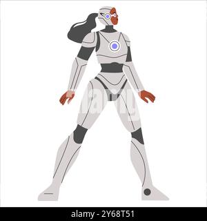 Concept futuriste de femme d'affaires. Une femme confiante en costume moderne d'exosquelette robotique est prête pour l'action. Transformation numérique dans les entreprises. Illustration vectorielle. Illustration de Vecteur