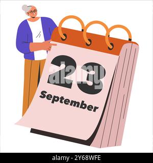 Concept de planification. Une femme d'affaires interagit avec un calendrier géant marquant une date importante. Planification des événements et gestion du temps. Illustration vectorielle. Illustration de Vecteur