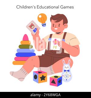 Concept de jeux éducatifs. Un enfant joyeux jouant avec des jouets d'apprentissage colorés. Développement précoce, amélioration des compétences cognitives. Illustration vectorielle. Illustration de Vecteur