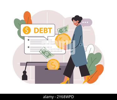 Dette étudiante. Jeune personnage diplômé avec une crise financière. Prêt à l'éducation expatrié. Problème de paiement après une graduation. Illustration vectorielle plate Illustration de Vecteur