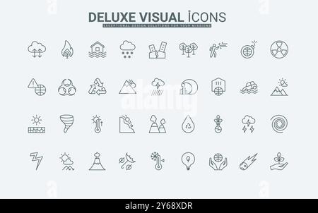 Panneaux d'avertissement pour le sauvetage d'ouragan, tsunami, tornade et tempête illustration vectorielle de symboles de contour noir mince. Calamité naturelle, impacts du changement climatique et icônes de ligne de pollution. Illustration de Vecteur