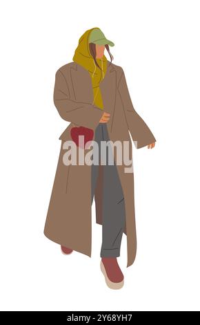 Jeune femme portant manteau et casquette marchant Illustration de Vecteur