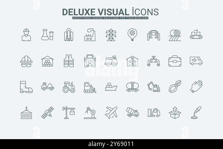 Équipement de sécurité et boîte à outils des travailleurs, machines pour l'industrie lourde, et illustration vectorielle de symboles de contour noir mince de construction. Fabrication et agriculture, ensemble d'icônes de ligne de recherche spatiale. Illustration de Vecteur