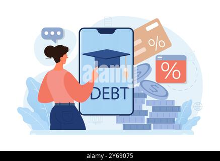 Dette étudiante. Jeune personnage diplômé avec une crise financière. Prêt à l'éducation expatrié. Problème de paiement après une graduation. Illustration vectorielle plate Illustration de Vecteur
