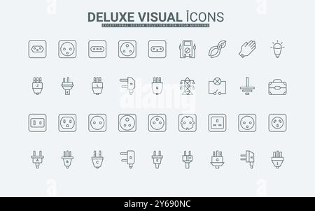 Tour d'alimentation, outils d'électricien, mise à la terre de prise et illustration vectorielle de symboles de contour noir mince d'ampoule. Adaptateur international, types de prises électriques et prises d'icône de ligne de prise. Illustration de Vecteur