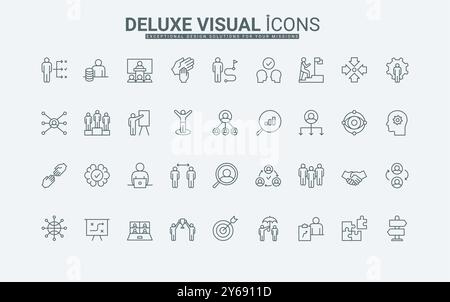 Formation de l'efficacité et des gagnants podium, collaboration et réunion d'équipe, recherche de solutions illustration vectorielle de symboles de contour noir mince. Les icônes de la ligne de défi des leaders et des leaders sont mises en place. Illustration de Vecteur