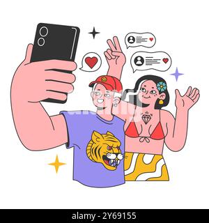 Kidult. Les gens gardent leur passion ou leur intérêt d'enfance. Personnages adultes élégants tenant un smartphone, prenant un selfie. Homme et femme posant pour les médias sociaux. Illustration vectorielle plate Illustration de Vecteur