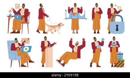 Ensemble femme d'affaires. Diverses activités mettant en vedette la femme professionnelle du travail aux loisirs. Présenter, promener le chien, dresser et célébrer. Illustration vectorielle. Illustration de Vecteur