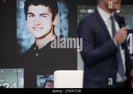 Manhattan, États-Unis. 24 septembre 2024. Le prince Harry, duc de Sussex, prend la parole sur scène lors du panel « tout, partout, tout à la fois » lors de la deuxième journée de la Clinton Global Initiative (CGI) à New York. Crédit : SOPA images Limited/Alamy Live News Banque D'Images