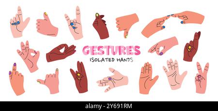 Mains humaines avec différents gestes et positions. Illustration de Vecteur