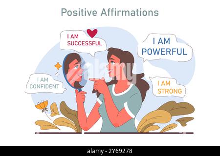 Psychologie positive. Pensée positive et attitude. État d'esprit optimiste, acceptation de soi et bien-être. Jeune femme travaillant sur sa santé mentale avec affirmations positives. Illustration vectorielle plate Illustration de Vecteur