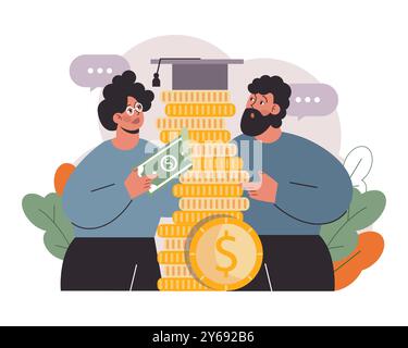 Dette étudiante. Jeune personnage diplômé avec une crise financière. Prêt à l'éducation expatrié. Problème de paiement après une graduation. Illustration vectorielle plate Illustration de Vecteur