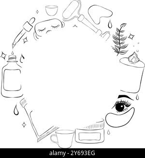 Cosmétiques soins de la peau bougies patches sérum crème masque rond cercle cadre ligne illustration vectorielle. Illustration de Vecteur